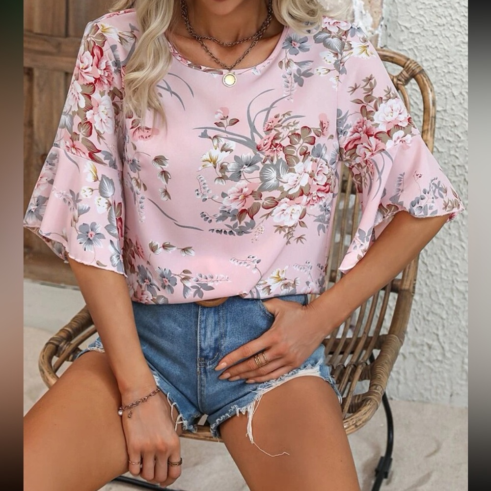 Boho floral print flounce sleeve blouse